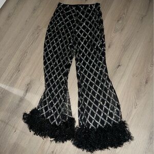 NWT ASOS LUXE Black Silver Embellished Flare Pants – Faux Feather Hem – Size 12